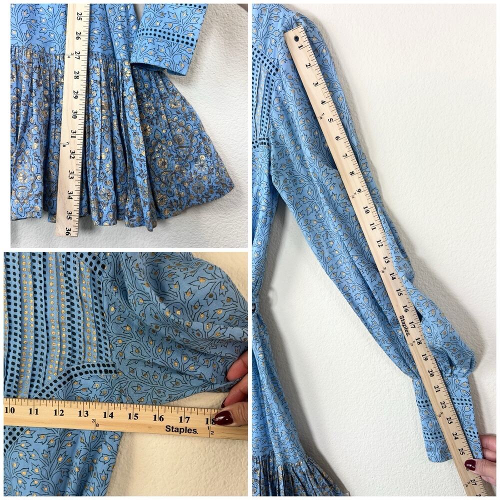 Oliphant Boho Romantic Fit & Flare XS Blue Floral Gold Print Belted Dress - Picture 7 of 9